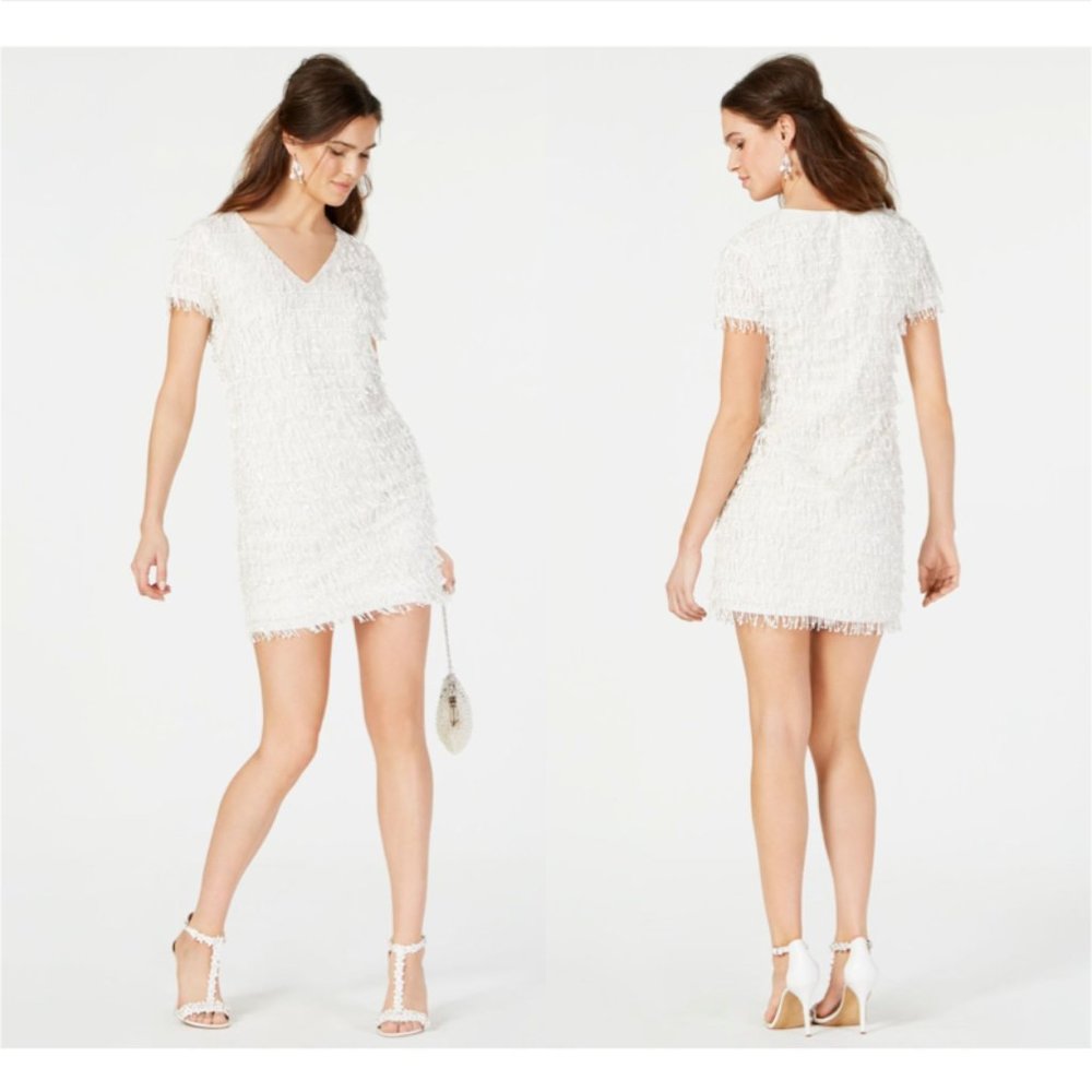 AIDAN MATTOX white sequin beaded mini dress